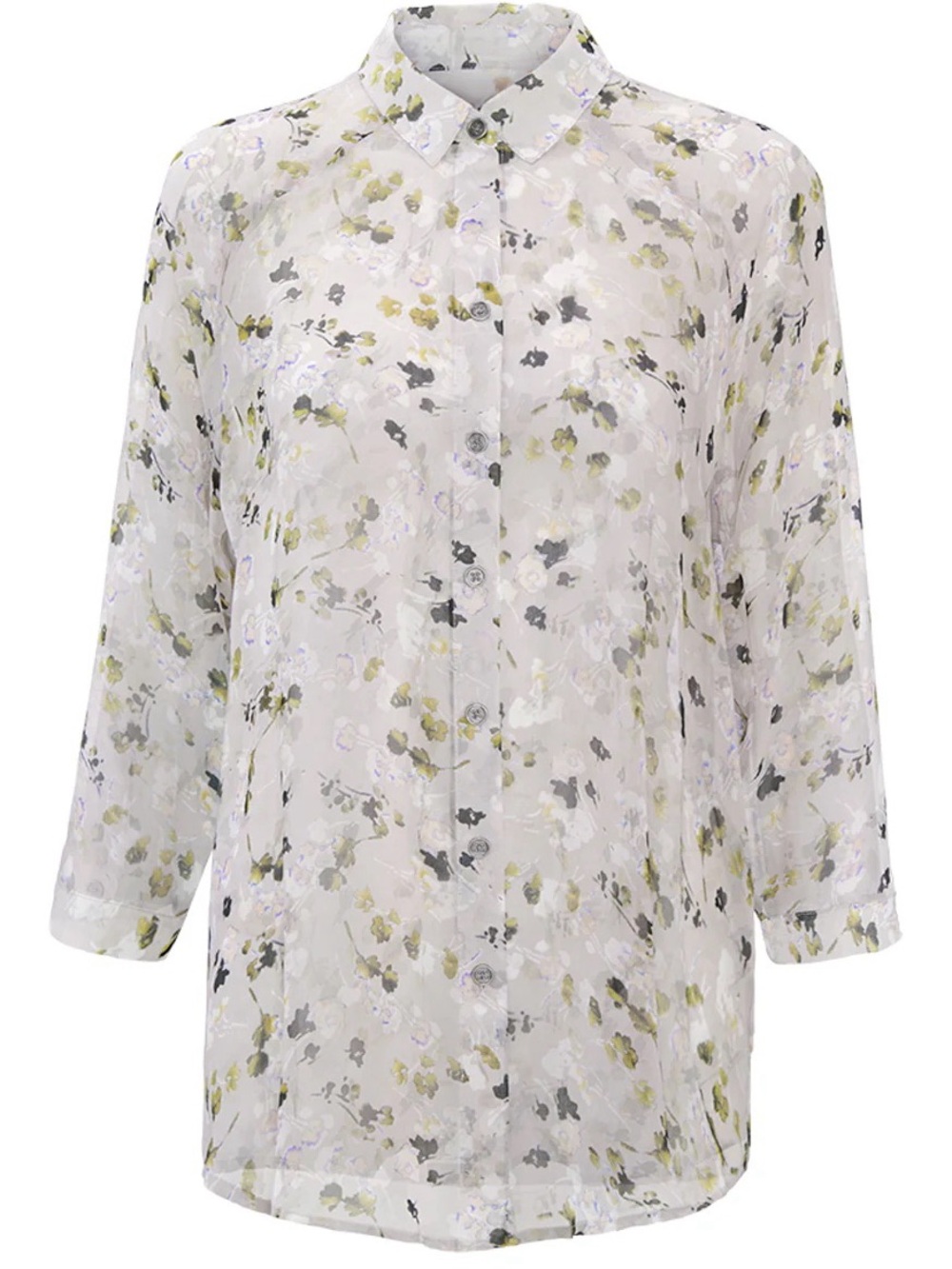 CAbi Sheer Floral Button-Down Blouse — White and Olive